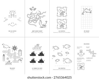 Set of 7 kids sea activity games, Spanish language, educational worksheet, vector illustration, No. 1.