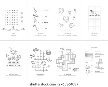 Set of 7 kids sea activity games, Spanish language, educational worksheet, vector illustration, No. 2.