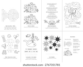 Set of 7 kids sea activity games, Spanish language, educational worksheet, vector illustration, No. 4.