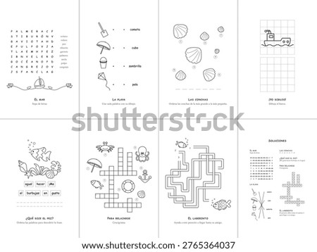 Set of 7 kids sea activity games, Spanish language, educational worksheet, vector illustration, No. 2.