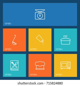Set Of 7 Kitchen Outline Icons Set.Collection Of Bread, Book Of Recipes, Ladle And Other Elements.