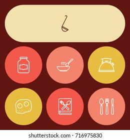 Set Of 7 Kitchen Outline Icons Set.Collection Of Omelette, Soup, Kettle And Other Elements.