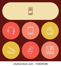 Set Of 7 Laptop Outline Icons Set.Collection Of Floppy, Computer Mouse, Printer And Other Elements.