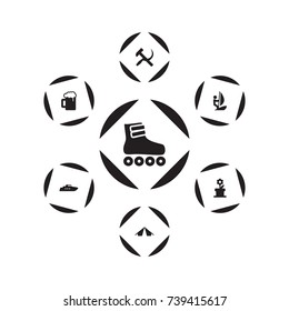 Set Of 7 Lifestyle Icons Set.Collection Of Roller Skates, Sickle With Hammer, Flowerpot And Other Elements.