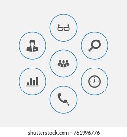Set Of 7 Management Icons Set.Collection Of Time, Colleagues, Loupe And Other Elements.