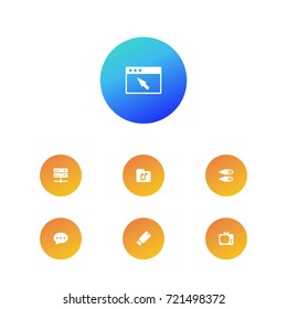 Set Of 7 Media Icons Set.Collection Of File, Database, Connector And Other Elements.