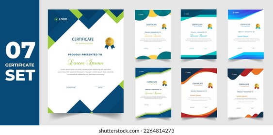 conjunto de 7 Mega diploma modelo de certificado de colección para la obtención de la graduación de rendimiento con placa de lujo. conjunto de certificados de graduación o de finalización del curso. paquete de certificados, certificado