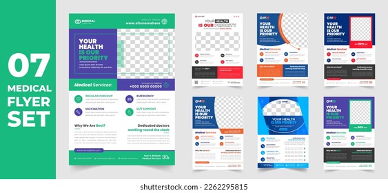 set of 7 Mega collection medical health care doctor flyer design template. medical healthcare flyer bundle. healthcare flyer set. set of 7 Item medical healthcare flyer with unique shapes.