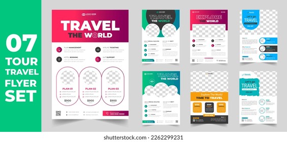 conjunto de 7 Mega colección tour y plantilla de diseño de volante de viaje. paquete de viajes y viajes. viaje y viaje en avión. conjunto de 7 recorridos por artículos y volantes de viaje con formas únicas.