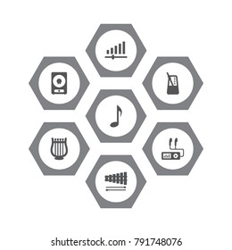 Set Of 7 Melody Icons Set.Collection Of Audio Device, Knob, Lyre And Other Elements.