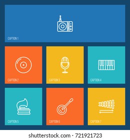 Set Of 7 Melody Outline Icons Set.Collection Of Vinyl, Fortepiano, Gramophone And Other Elements.