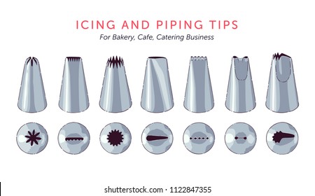 Set of 7 metallic icing nozzles. Top view and front view. Most popular cake decorating tips. Vector illustration.