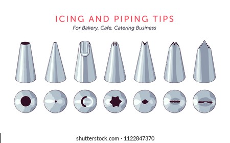 Set of 7 metallic icing nozzles. Top view and front view. Most popular cake decorating tips. Vector illustration.