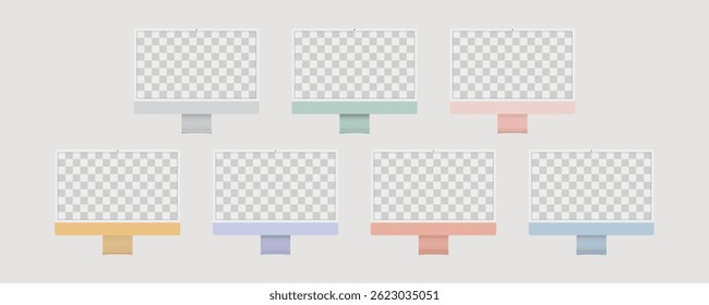 Set of 7 modern photorealistic vector desktop PCs with transparent screens in vibrant colors: silver, green, pink, yellow, purple, orange and blue. Ideal for mockups and websites.