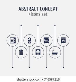Set Of 7 Motel Icons Set.Collection Of Lift, Bathtub, Washer Machine And Other Elements.