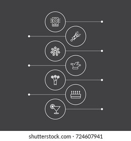 Set Of 7 Party Outline Icons Set.Collection Of Pastry, Cocktail, Flower And Other Elements.