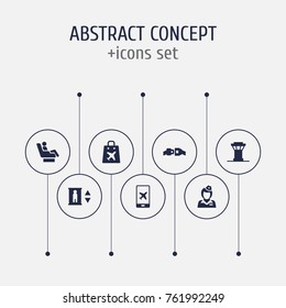Set Of 7 Plane Icons Set.Collection Of Lift, Hostess, Air Traffic Controller And Other Elements.
