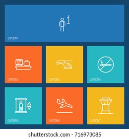 Set Of 7 Plane Outline Icons Set.Collection Of Data, Luggage Check, Sit And Other Elements.
