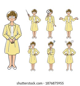 A set of 7 poses for a business woman wearing glasses