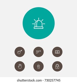 Set Of 7 Procuring Outline Icons Set.Collection Of Dynamite, Alarm, Lock And Other Elements.