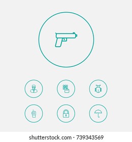 Set Of 7 Procuring Outline Icons Set.Collection Of Parasol, Lock, Weapon And Other Elements.