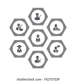 Set Of 7 Professions Icons Set.Collection Of Military, Leaner, Money Agent And Other Elements.