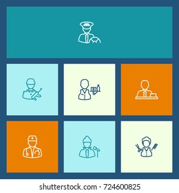 Set Of 7 Professions Outline Icons Set.Collection Of Singer, Doctor, Taxi And Other Elements.