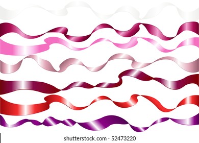 Set Of 7 Red Color Ribbons (Red, Purple, Pink, White, Magenta, Violet and others), Isolated On White