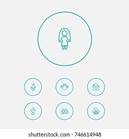 Set Of 7 Relatives Outline Icons Set.Collection Of Couple, Grandfather, Parents Elements.