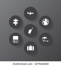 Set of 7 relax icons set. Collection of airplane, sunbed, luggage and other elements.