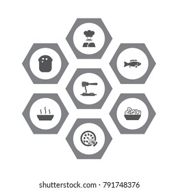 Set Of 7 Restaurant Icons Set.Collection Of Food, Baguette, Vermicelli And Other Elements.