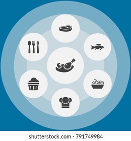 Set Of 7 Restaurant Icons Set.Collection Of Silverware, Chef, Food And Other Elements.