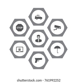 Set Of 7 Safety Icons Set.Collection Of Shot, Surveillance And Other Elements.