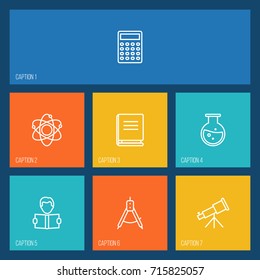 Set Of 7 Science Outline Icons Set.Collection Of Telescope, Atom, Test Tube And Other Elements.