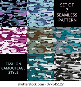 Set of 7 seamless pattern. Abstract fashion camouflage background. Each pattern isolated on own layer with sublayers colors. For textile, paper print and fabric design. Vector illustration. EPS10.