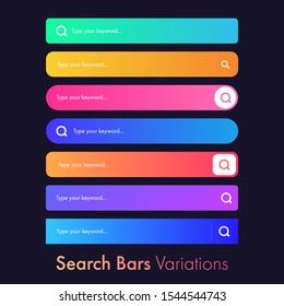 Set of 7 Search Bar Inputs on dark background. Colorful Gradients Search bars User Interface (UI) elements.