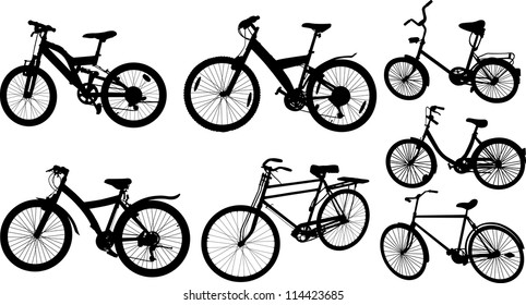 Set of 7 (seven) silhouettes of sport bicycle on a white background