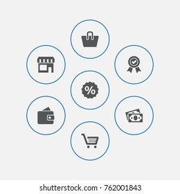 Set Of 7 Shopping Icons Set.Collection Of Billfold, Percent, Basket And Other Elements.