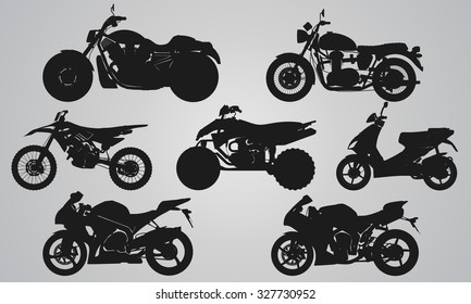 Conjunto de proyección de 7 bicicletas diferentes. Ilustración plana para diseñar iconos de motocicletas