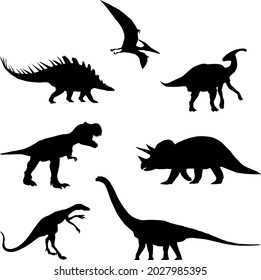 A set of 7 silhouettes of dinosaurs. Collection of Jurassic animals. Black and white illustration of dinosaurs for children.