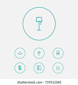 Set Of 7 Situation Outline Icons Set.Collection Of Hall Tree, Chair, Floor Lapm And Other Elements.