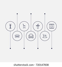 Set Of 7 Situation Outline Icons Set.Collection Of Hanger, Washbasin, Armchair And Other Elements.