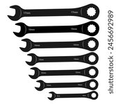 Set of 7 sizes of metric ratchet wrenches