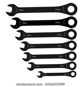 Set of 7 sizes of metric ratchet wrenches