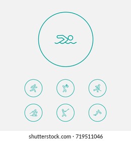 Set Of 7 Sport Outline Icons Set.Collection Of Run, Swimming, Basket And Other Elements.
