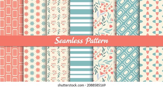 Set Of 7 Spring Vintage Floral Seamless Pattern, Stripe and doodle shape,For scrapbooking, cards, textile, fabric, invitations.