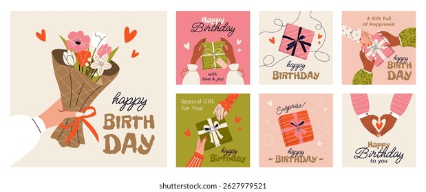 Set of 7 square birthday greeting cards and party invitations. Festive templates for celebrating an anniversary. Suitable for print and web use. Hands holding gift boxes, bouquet of flowers. Vector.