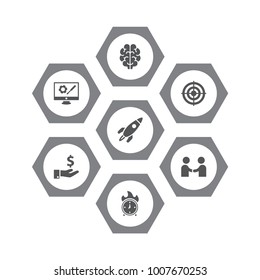 Set of 7 startup icons set. Collection of meeting, rocket, goal and other elements.