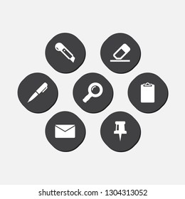 Set of 7 stationery icons set. Collection of pin, cutter, magnifier and other elements.