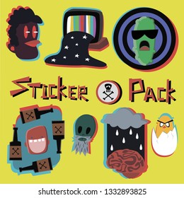 Set of 7 sticker designs. Sticker pack. Pack of colorful stickers on yellow background.